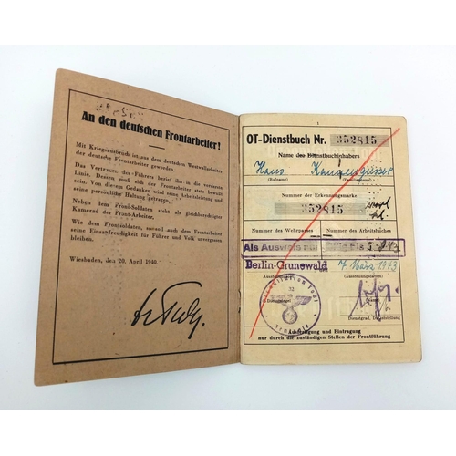 33 - RARE 3rd Reich Organisation Todt Dienst Buch (Service Book) with lots of stamped entries in his meda... 