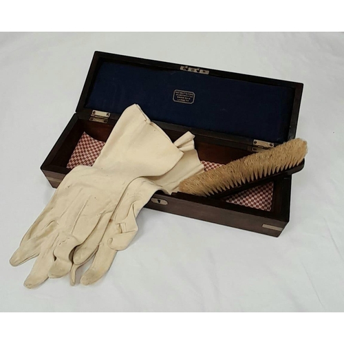 1209 - An Antique Victorian Wood and Brass Lined Glove Box with Contents Comprising: Chamois Gloves and Bru... 