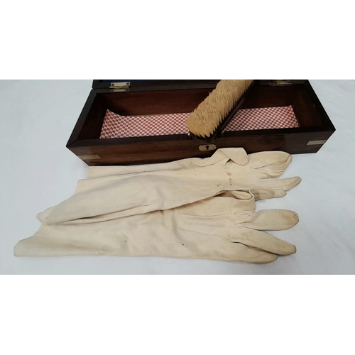 1209 - An Antique Victorian Wood and Brass Lined Glove Box with Contents Comprising: Chamois Gloves and Bru... 