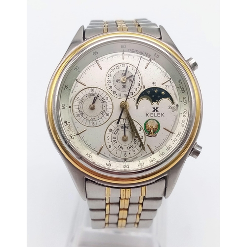 37 - A Wonderful Rare Vintage Kelek Chronograph 37 Jewel Gents Watch. Two tone strap and case - 40mm. Whi... 