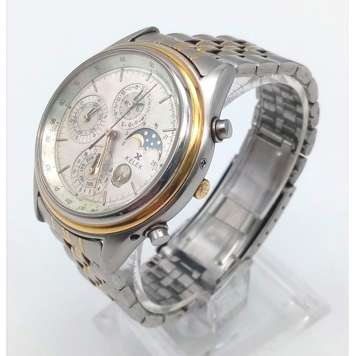 37 - A Wonderful Rare Vintage Kelek Chronograph 37 Jewel Gents Watch. Two tone strap and case - 40mm. Whi... 