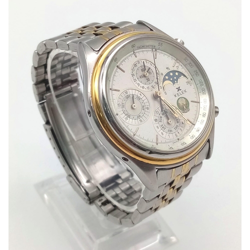 37 - A Wonderful Rare Vintage Kelek Chronograph 37 Jewel Gents Watch. Two tone strap and case - 40mm. Whi... 