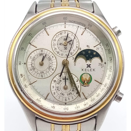 37 - A Wonderful Rare Vintage Kelek Chronograph 37 Jewel Gents Watch. Two tone strap and case - 40mm. Whi... 