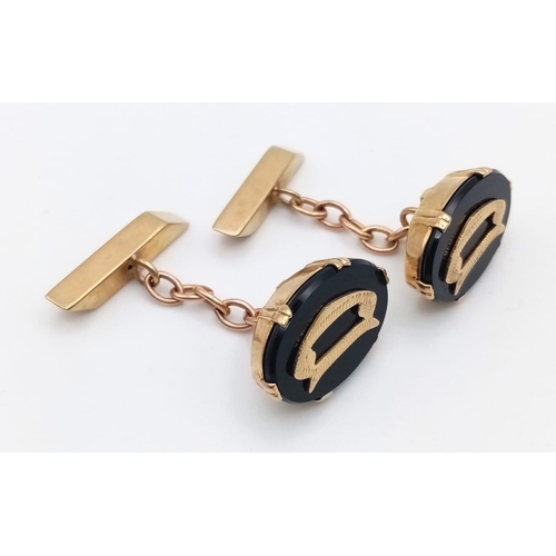 222 - 9k yellow gold black onyx inlay D cufflinks 7g