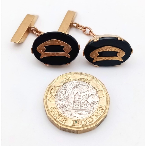 222 - 9k yellow gold black onyx inlay D cufflinks 7g