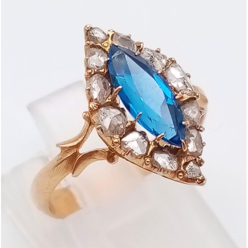 229 - 18k rose gold uncut diamond and blue stone vintage ring 3.3g Size L (dia:0.35ct)