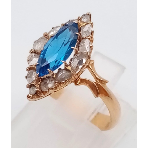 229 - 18k rose gold uncut diamond and blue stone vintage ring 3.3g Size L (dia:0.35ct)