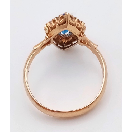 229 - 18k rose gold uncut diamond and blue stone vintage ring 3.3g Size L (dia:0.35ct)