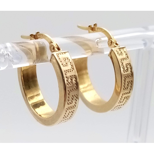 992 - 9k yellow gold Aztec engraved hoop earrings 2g