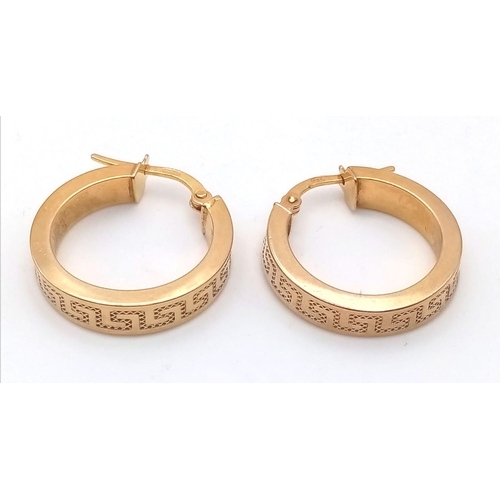 992 - 9k yellow gold Aztec engraved hoop earrings 2g