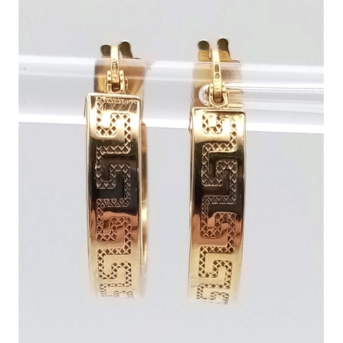 992 - 9k yellow gold Aztec engraved hoop earrings 2g