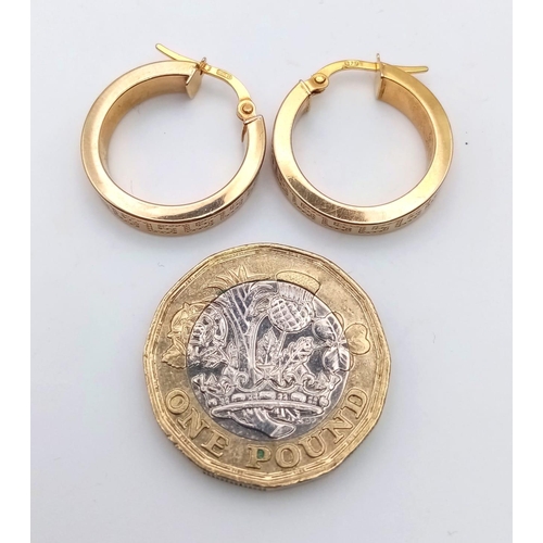 992 - 9k yellow gold Aztec engraved hoop earrings 2g