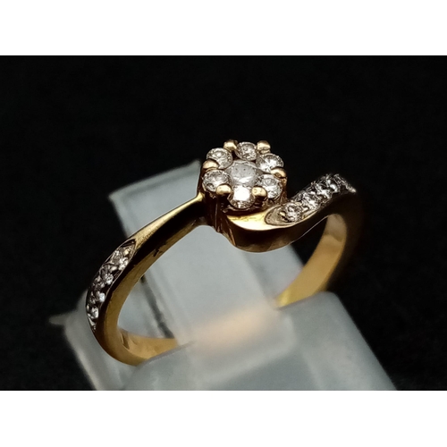 361 - 18k yellow gold diamond cluster twist ring with diamond set shoulders 2.3g Size H (dia:0.18ct)