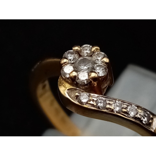 361 - 18k yellow gold diamond cluster twist ring with diamond set shoulders 2.3g Size H (dia:0.18ct)