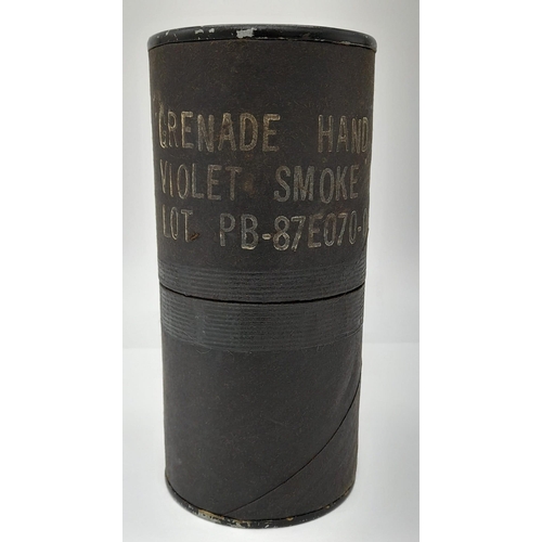 498 - INERT Vietnam War Era US M18 Smoke Grenade (violet) in original container. “Let’s pop smoke and get ... 