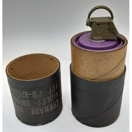 498 - INERT Vietnam War Era US M18 Smoke Grenade (violet) in original container. “Let’s pop smoke and get ... 