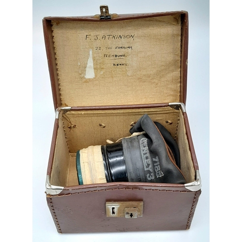 415 - WW2 Civilian Respirator Gasmask in Leather Box. Inside of box lid marked with original owner’s detai... 