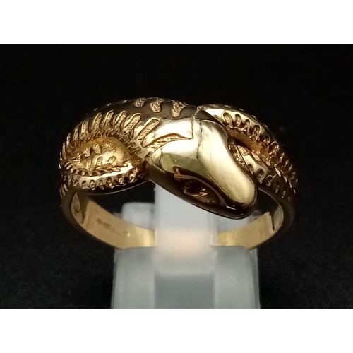 179 - 9K Yellow Gold SNAKE RING WITH RUBY SET EYES 7.65G SIZE Y