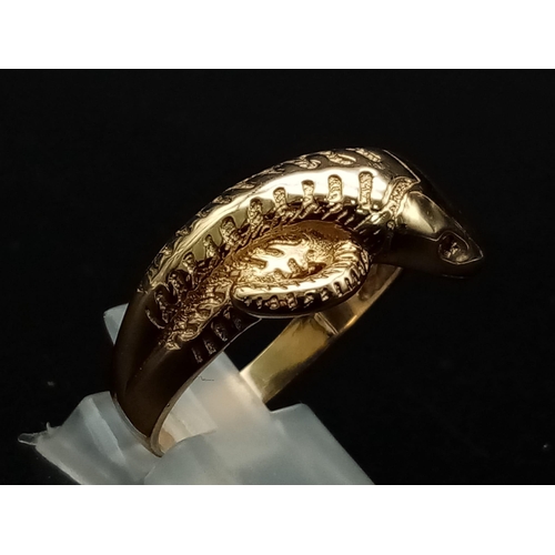 179 - 9K Yellow Gold SNAKE RING WITH RUBY SET EYES 7.65G SIZE Y