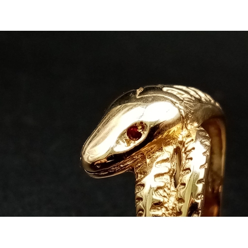 179 - 9K Yellow Gold SNAKE RING WITH RUBY SET EYES 7.65G SIZE Y