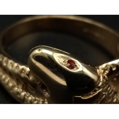 179 - 9K Yellow Gold SNAKE RING WITH RUBY SET EYES 7.65G SIZE Y