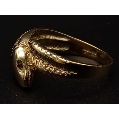 179 - 9K Yellow Gold SNAKE RING WITH RUBY SET EYES 7.65G SIZE Y