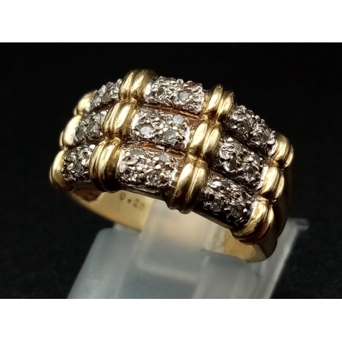 391 - 9K YELLOW GOLD DIAMOND SET 3 ROW BAMBOO RING 0.25CT 3.6G SIZE K