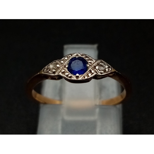 433 - 18K Yellow Gold VINTAGE DIAMOND & ROYAL SAPPHIRE 3 STONE RING 1.2G SIZE J