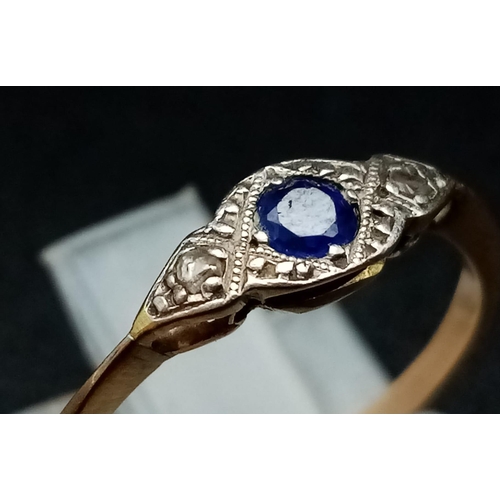 433 - 18K Yellow Gold VINTAGE DIAMOND & ROYAL SAPPHIRE 3 STONE RING 1.2G SIZE J