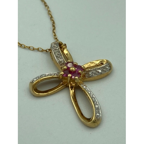 126 - Beautiful dainty PINK SAPPHIRE and DIAMOND CROSS set in SILVER and mounted on a fine silver chain. H... 