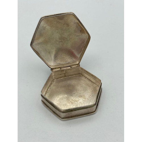 203 - Vintage SILVER PILL BOX in hexagonal form having engraved lid. Hinge in perfect condition. 3cm x 3cm... 