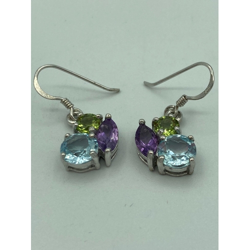 217 - Beautiful pair of gem set SILVER EARRINGS having TOPAZ ,AMETHYST,and PERIDOT gemstones set in 925 Si... 