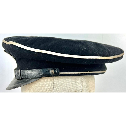 67 - WW2 German SS (Allgemeine) NCO’s Uniform Peaked Cap. Heavy black wool construction with white cotton... 