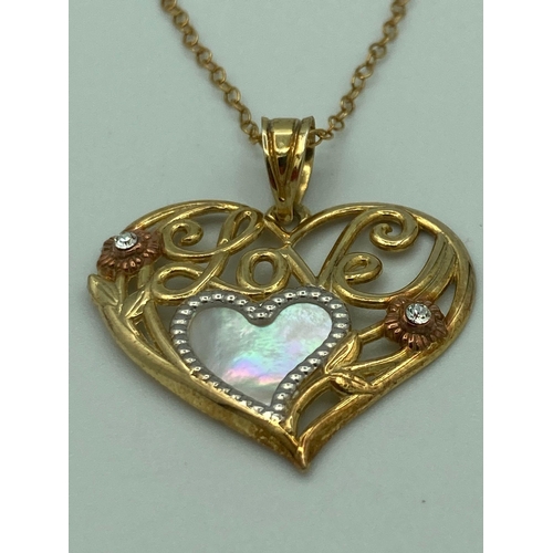 735 - SILVER LOVEHEART PENDANT mounted on a fine silver chain, having mother of pearl and jewel detail. Gi... 