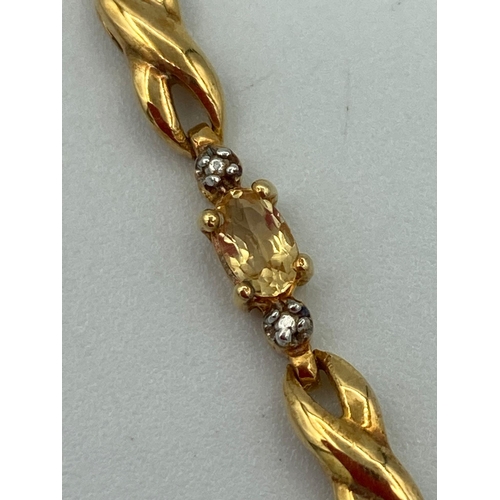 97 - SILVER TENNIS/LINE BRACELET,set with TOURMALINE and small DIAMONDS. Gilded to appear as gold. 19 cm.... 