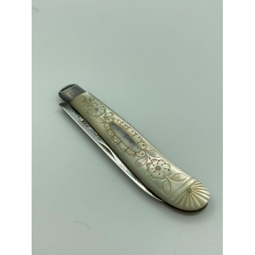 385 - Antique SILVER BLADED FRUIT KNIFE with beautifully engraved mother of pearl handle, having clear Hal... 