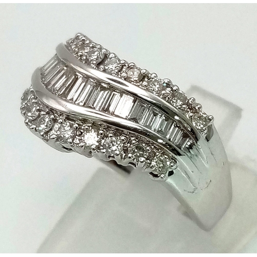 39 - 18K White Gold DIAMOND 3 ROW BAND RING.  0.87CT Diamond. Total Weight 7.6G.  SIZE L