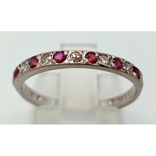 412 - 18K White Gold DIAMOND & RUBY 1/2 ET RING 2G SIZE N