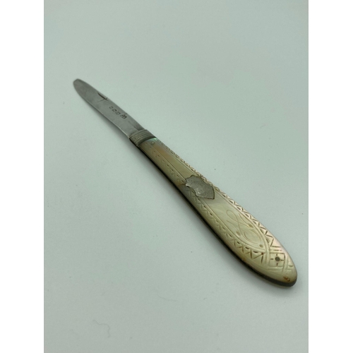 539 - Antique SILVER BLADED FRUIT KNIFE with mother-of-pearl handle and clear hallmark for James Fenton,
B... 