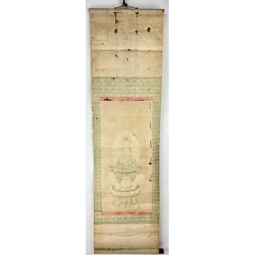 652 - A VERY RARE HAND PAINTED BUDDHIST SCROLL    122 X 34cms    OVER 300 YEARS OLD SO A/F.