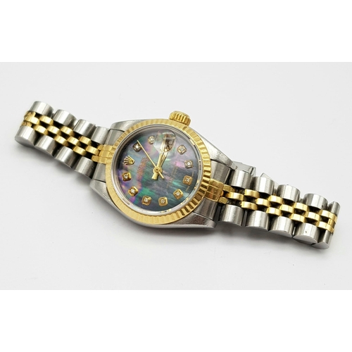 289 - LADIES BI METAL ROLEX OYSTER PERPETUAL DATEJUST WATCH WITH DIAMOND NUMERALS AND COMPLEMENTRY UNUSUAL... 