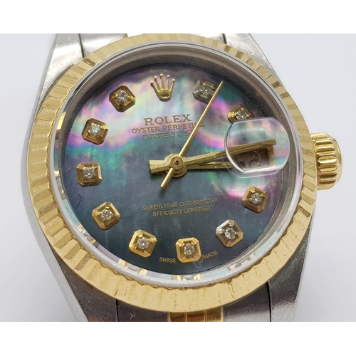 289 - LADIES BI METAL ROLEX OYSTER PERPETUAL DATEJUST WATCH WITH DIAMOND NUMERALS AND COMPLEMENTRY UNUSUAL... 