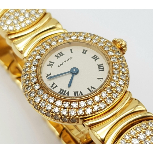 639 - CARTIER 18K GOLD WATCH, WITH DIAMOND BEZEL AND LINKAGE. QUARTZ MOVEMENT. 24MM. VERIFIED BY THE OFFIC... 