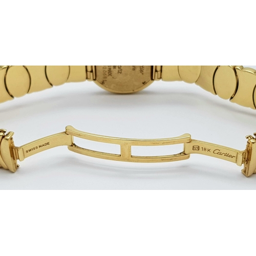 639 - CARTIER 18K GOLD WATCH, WITH DIAMOND BEZEL AND LINKAGE. QUARTZ MOVEMENT. 24MM. VERIFIED BY THE OFFIC... 