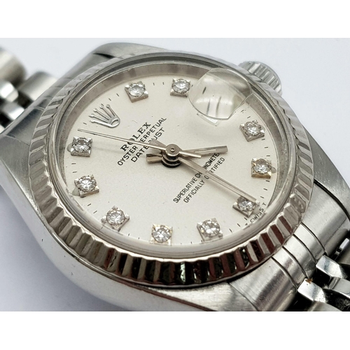 646 - LADIES ROLEX OYSTER PERPETUAL DATEJUST STAINLESS STEEL WATCH WITH MAGNOLIA FACE AND DIAMOND NUMERALS... 