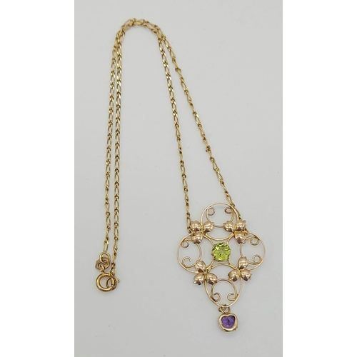 1069 - An Intricate 9K Yellow Gold Amethyst and Peridot Lavaliere Chain Pendant Necklace. Suffragette colou... 