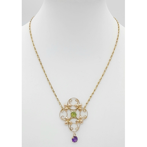 1069 - An Intricate 9K Yellow Gold Amethyst and Peridot Lavaliere Chain Pendant Necklace. Suffragette colou... 