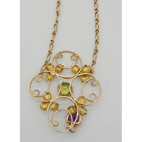 1069 - An Intricate 9K Yellow Gold Amethyst and Peridot Lavaliere Chain Pendant Necklace. Suffragette colou... 