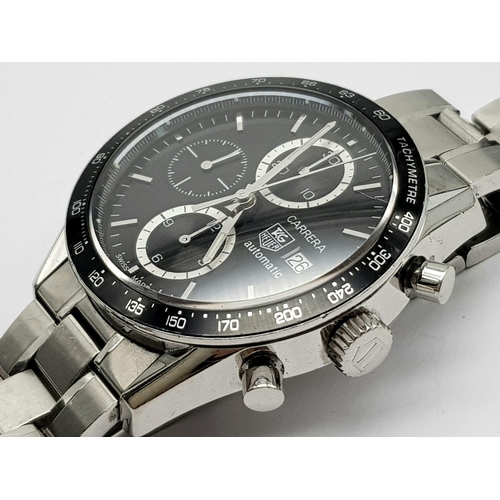 130 - A Tag Heuer Carrera Automatic Gents Chronograph watch. Stainless steel strap and case - 41mm. Black ... 