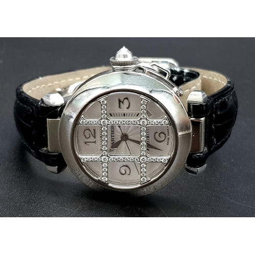 275 - 18K WHITE GOLD CARTIER AUTOMATIC LADIES NOUGHTS AND CROSSES, DIAMOND WRISTWATCH. ON THE ORIGINAL CAR... 